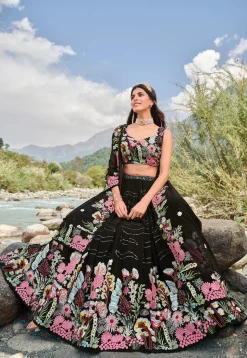 Embroidered Georgette Lehenga in Black