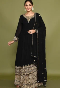 Embroidered Georgette Lehenga in Black
