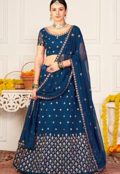 Embroidered Georgette Lehenga in Dark Teal Blue