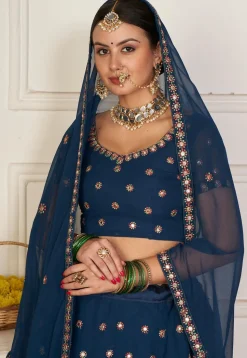 Embroidered Georgette Lehenga in Dark Teal Blue