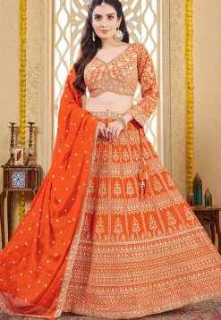 Embroidered Georgette Lehenga in Orange