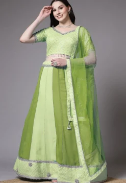 Embroidered Georgette Lehenga in Green