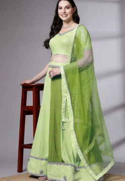 Embroidered Georgette Lehenga in Green