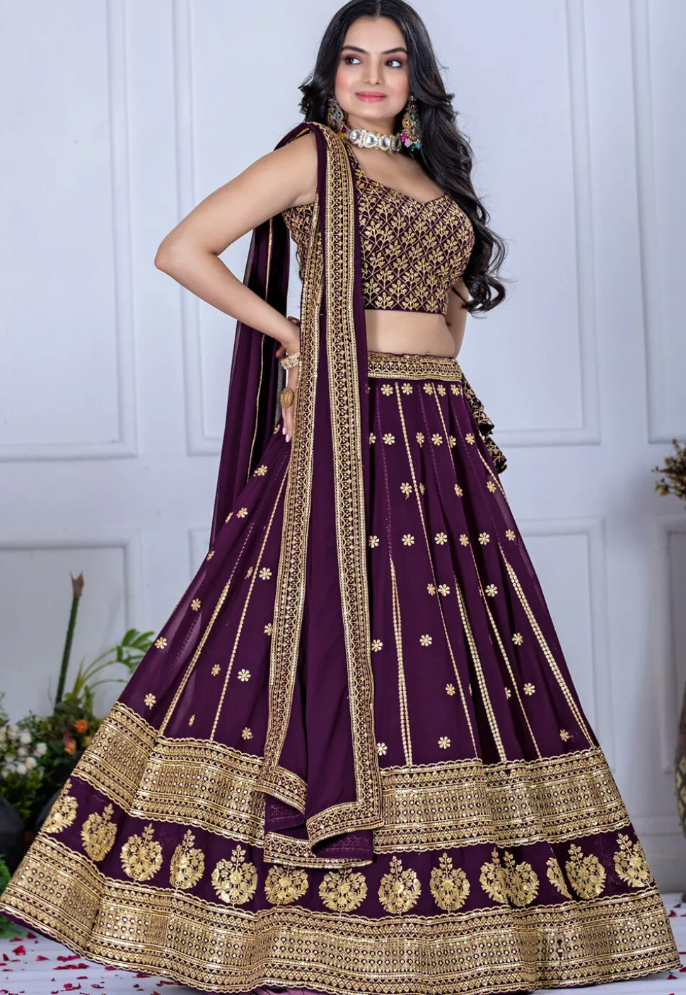 Embroidered Georgette Lehenga in Violet