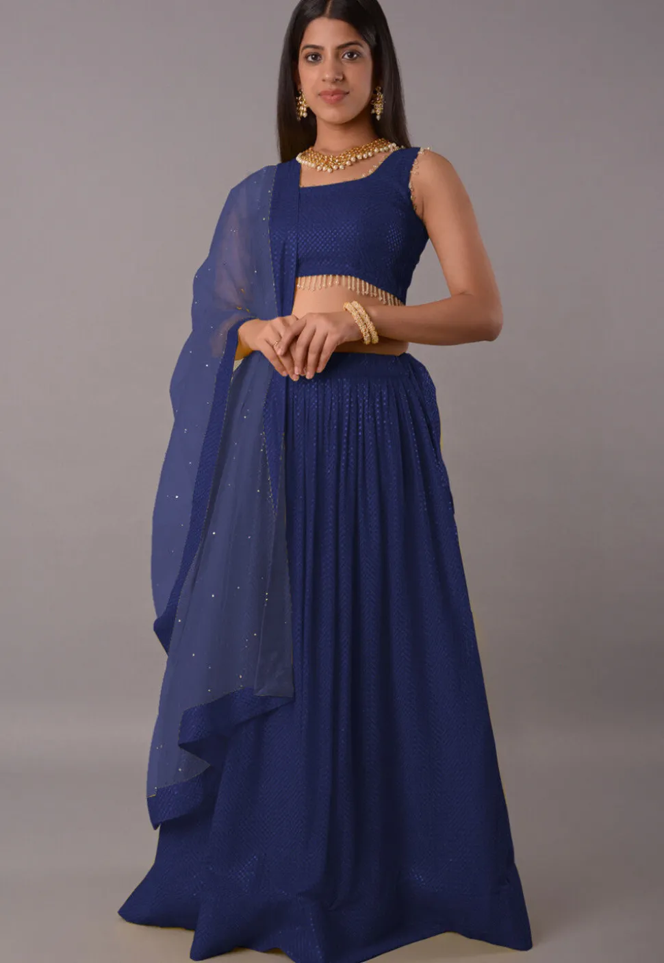 Embroidered Georgette Lehenga in Navy Blue