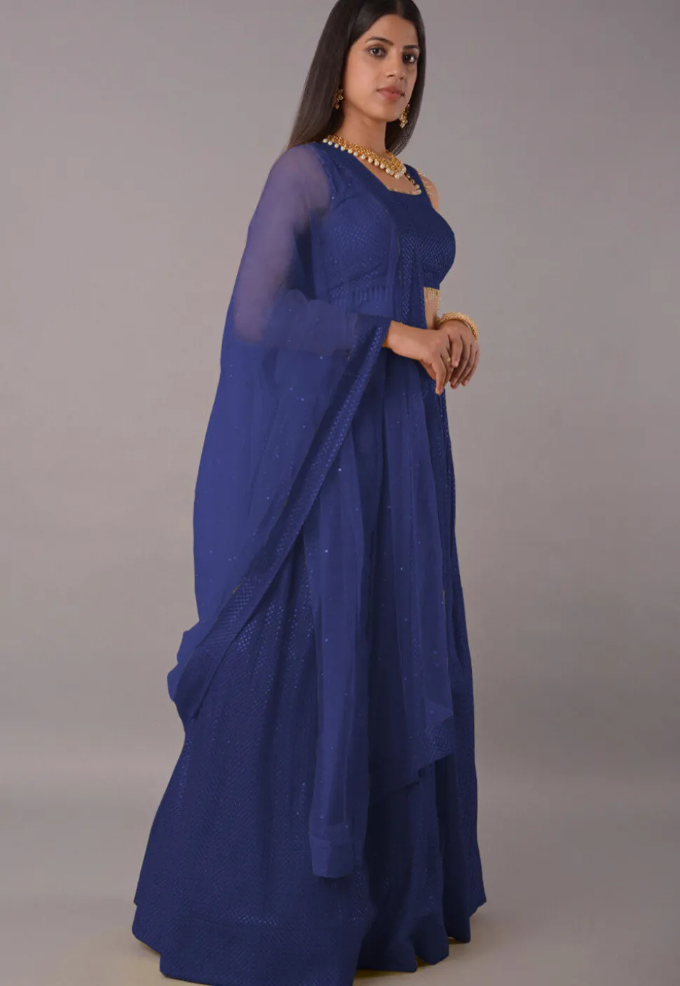 Embroidered Georgette Lehenga in Navy Blue