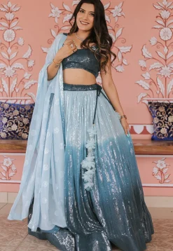 Embroidered Georgette Lehenga in Shaded Blue