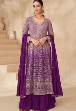 Embroidered Georgette Lehenga in Purple Ombre