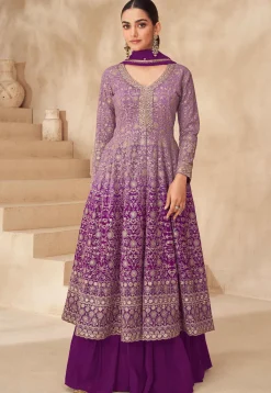 Embroidered Georgette Lehenga in Purple Ombre