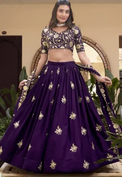 Embroidered Georgette Lehenga in Purple
