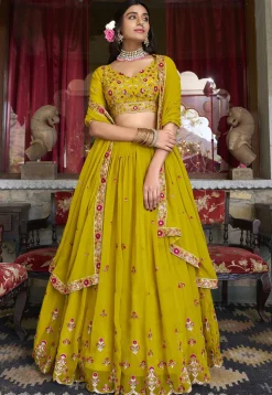 Embroidered Georgette Lehenga in Yellow