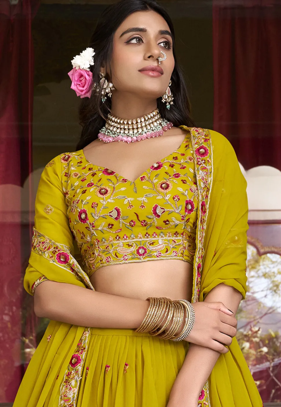Embroidered Georgette Lehenga in Yellow