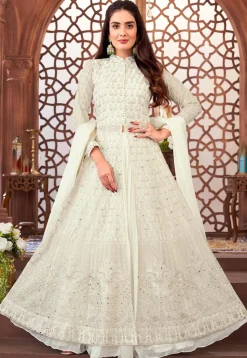 Embroidered Georgette Lehenga in Off White