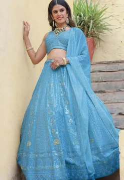 Embroidered Georgette Lehenga in Light Blue