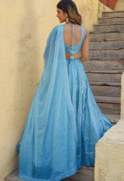 Embroidered Georgette Lehenga in Light Blue