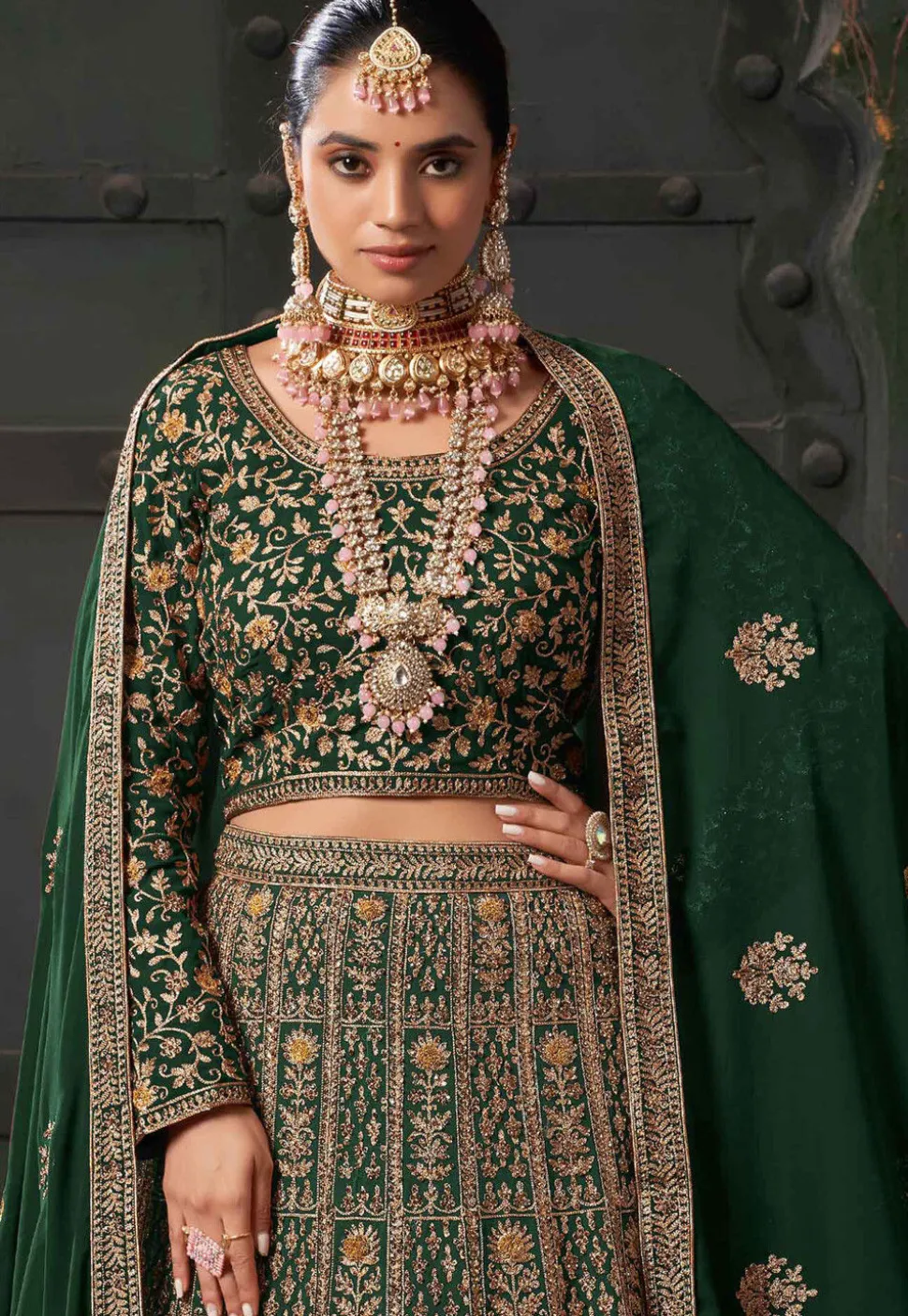 Embroidered Georgette Lehenga in Dark Green