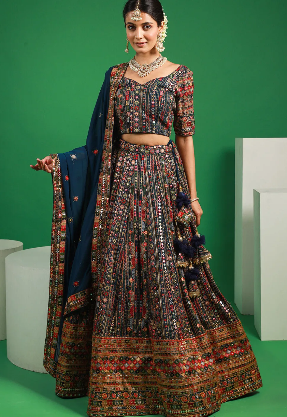 Embroidered Georgette Lehenga in Teal Blue