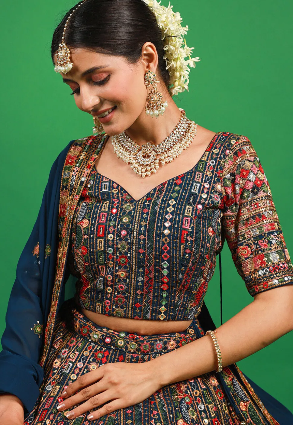 Embroidered Georgette Lehenga in Teal Blue