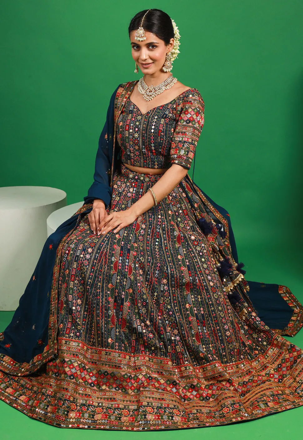 Embroidered Georgette Lehenga in Teal Blue