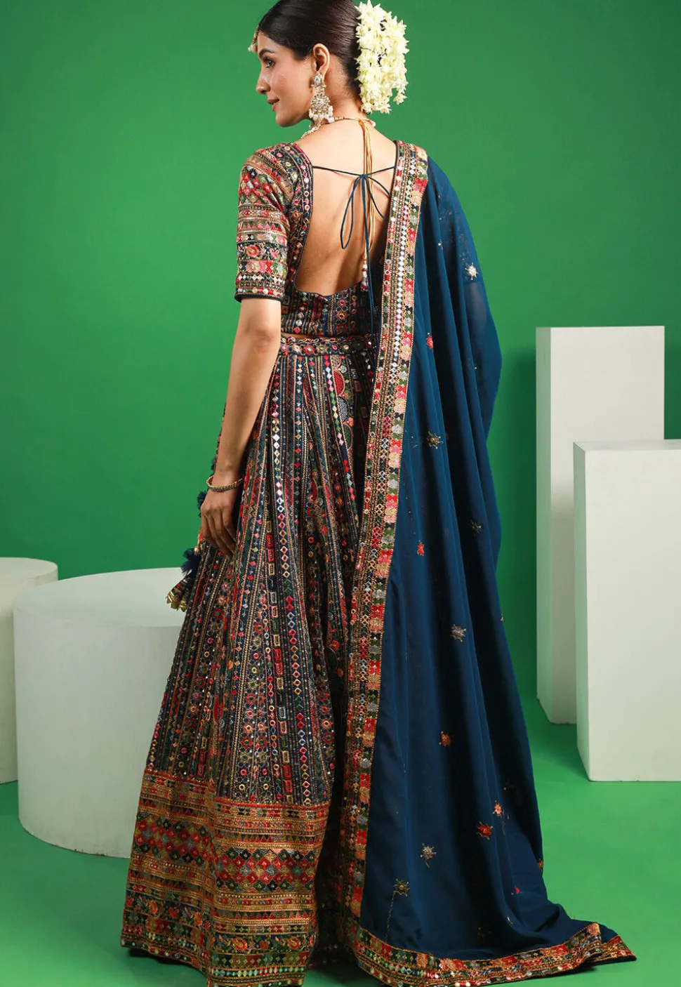 Embroidered Georgette Lehenga in Teal Blue