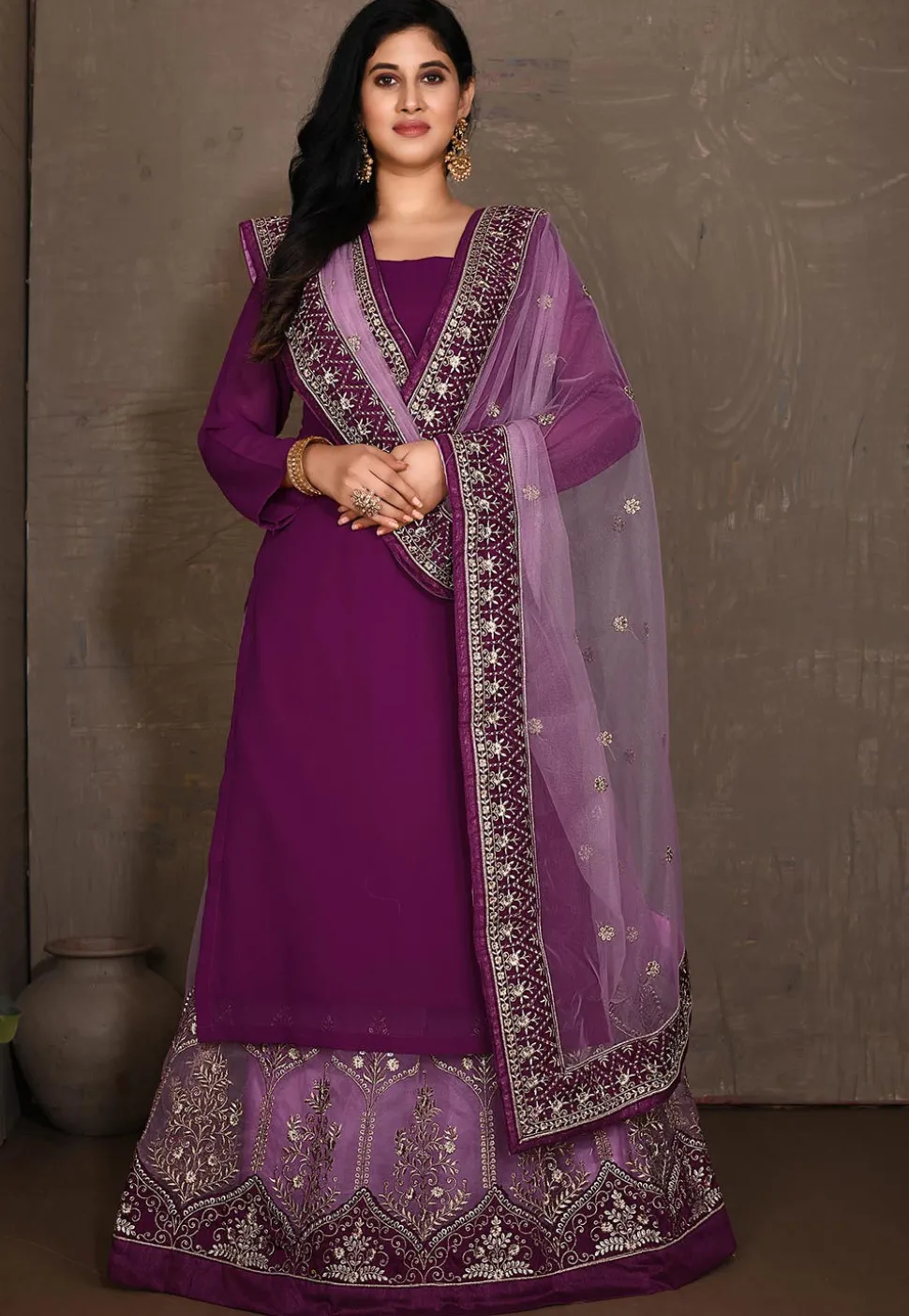 Embroidered Georgette Lehenga in Purple