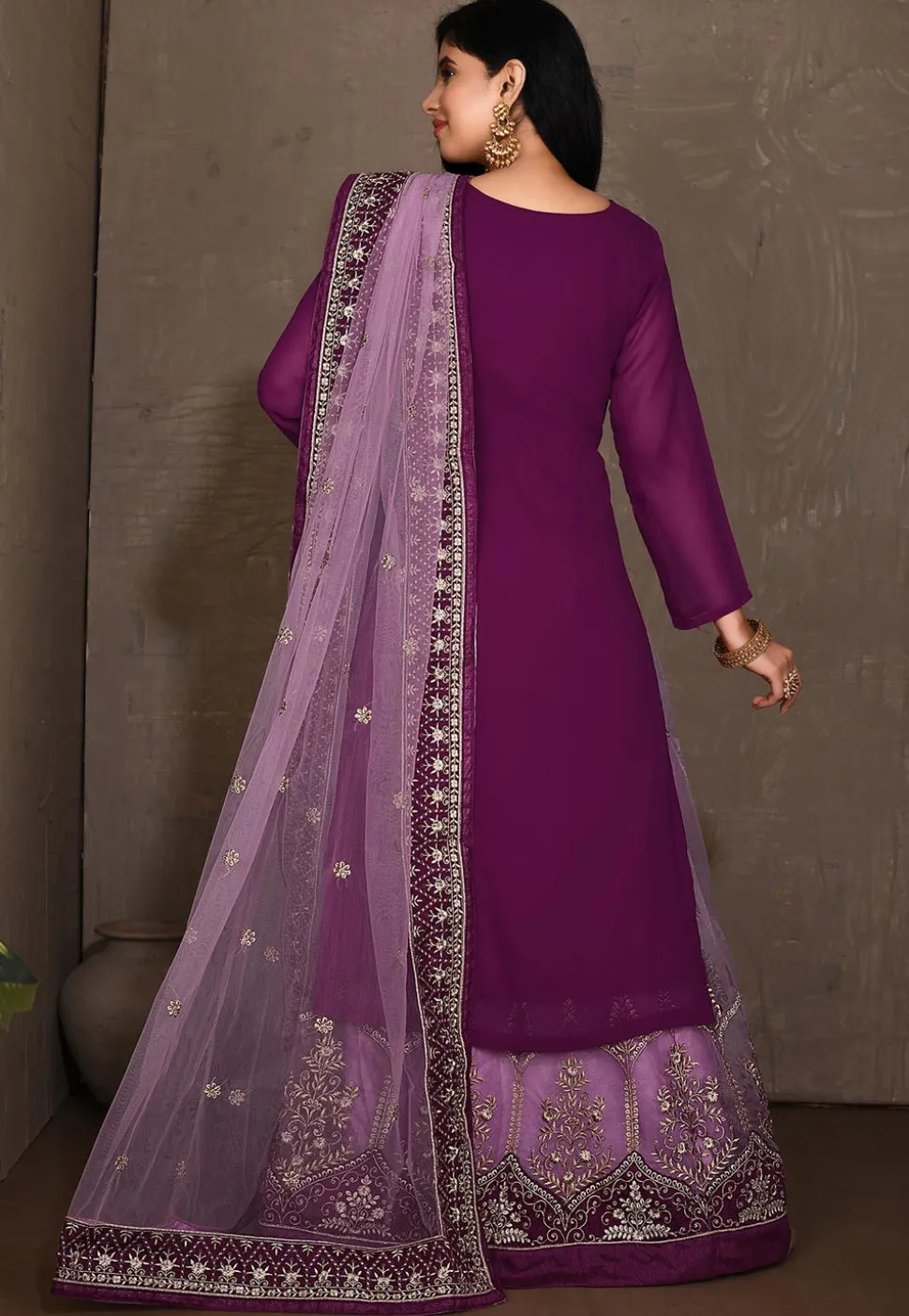 Embroidered Georgette Lehenga in Purple