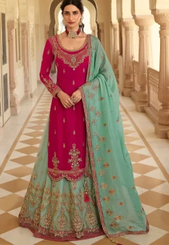 Embroidered Georgette Lehenga in Fuchsia