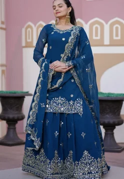 Embroidered Georgette Lehenga in Teal Blue