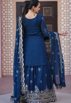 Embroidered Georgette Lehenga in Teal Blue