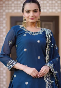 Embroidered Georgette Lehenga in Teal Blue