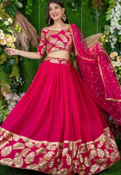 Embroidered Georgette Lehenga in Fuchsia