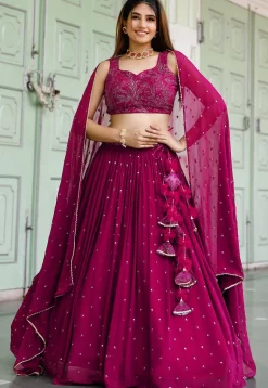 Embroidered Georgette Lehenga in Fuchsia