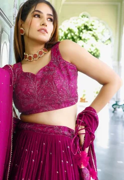 Embroidered Georgette Lehenga in Fuchsia