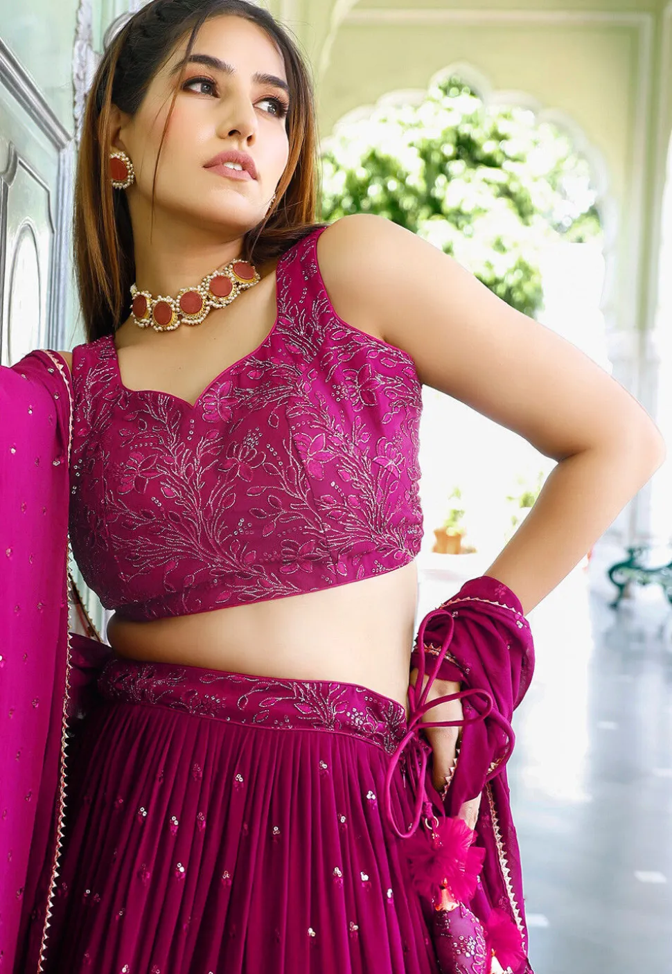 Embroidered Georgette Lehenga in Fuchsia