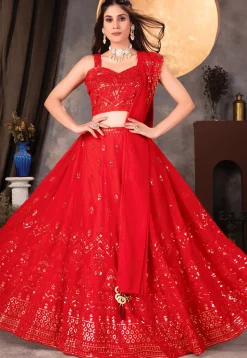 Embroidered Georgette Lehenga in Red