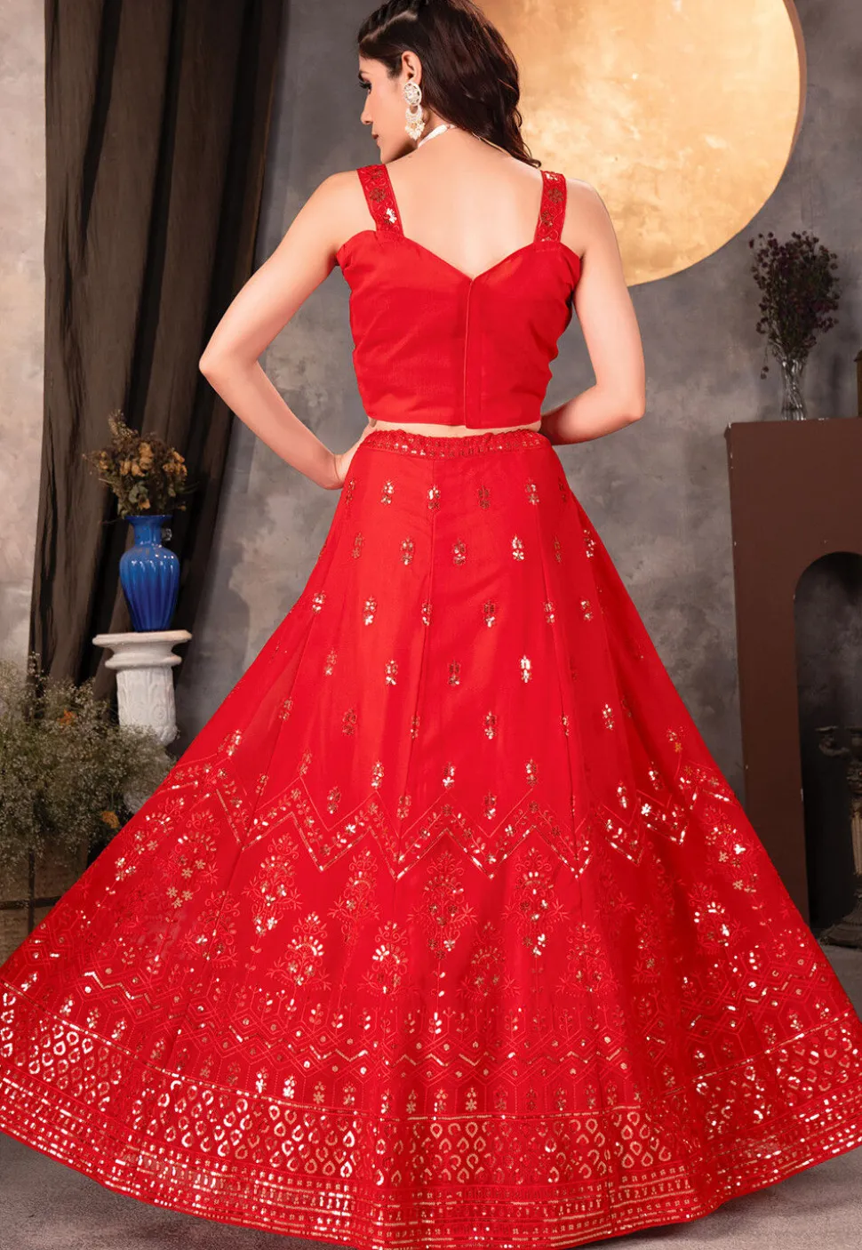 Embroidered Georgette Lehenga in Red