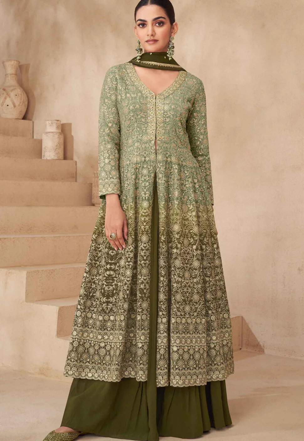 Embroidered Georgette Lehenga in Olive Green Ombre