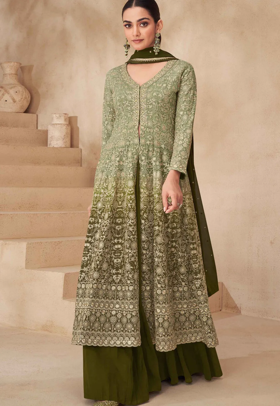 Embroidered Georgette Lehenga in Olive Green Ombre