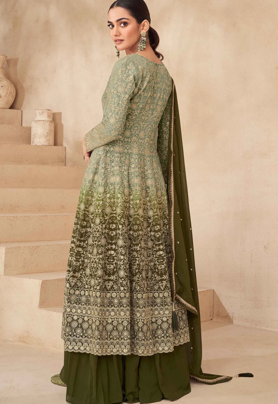 Embroidered Georgette Lehenga in Olive Green Ombre