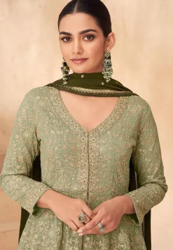 Embroidered Georgette Lehenga in Olive Green Ombre