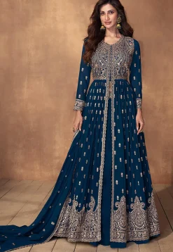 Embroidered Georgette Lehenga in Teal Blue