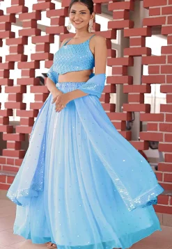 Embroidered Georgette Lehenga in Pastel Blue