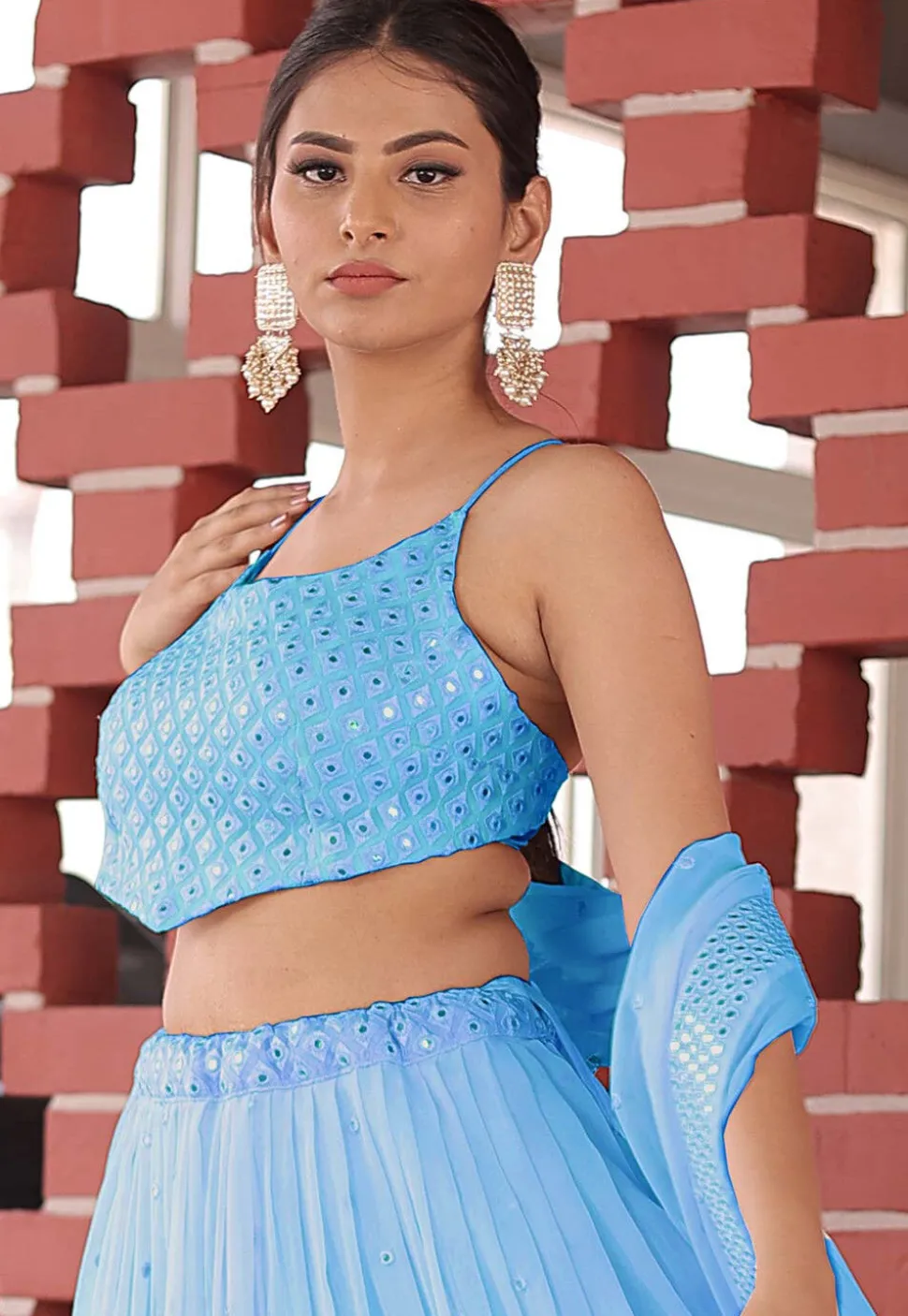 Embroidered Georgette Lehenga in Pastel Blue
