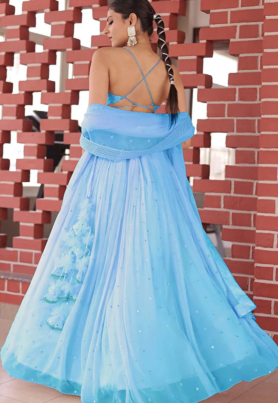 Embroidered Georgette Lehenga in Pastel Blue