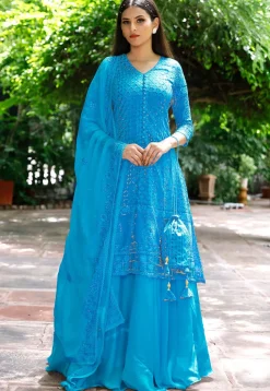Embroidered Georgette Lehenga in Light Blue