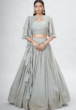 Embroidered Georgette Lehenga in Light Grey