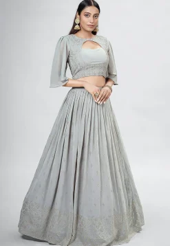 Embroidered Georgette Lehenga in Light Grey
