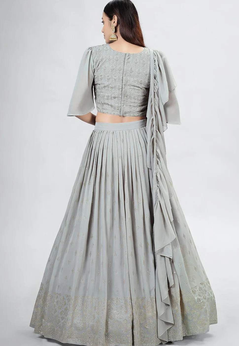 Embroidered Georgette Lehenga in Light Grey