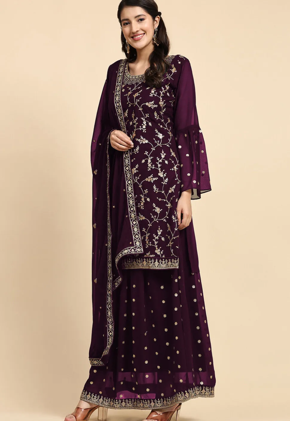 Embroidered Georgette Lehenga in Purple