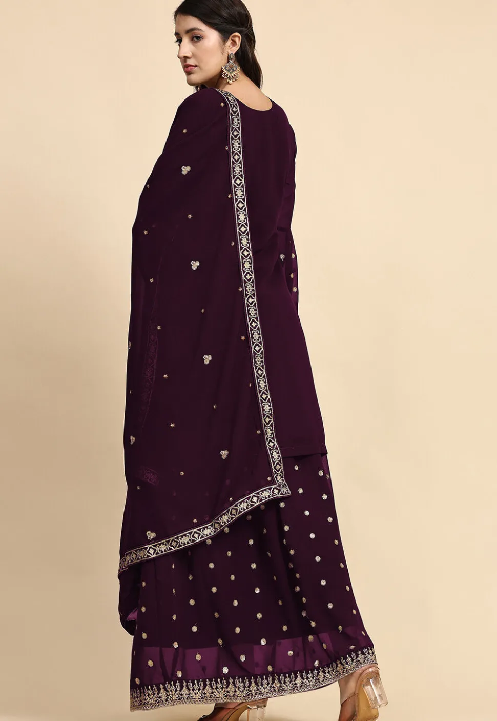 Embroidered Georgette Lehenga in Purple